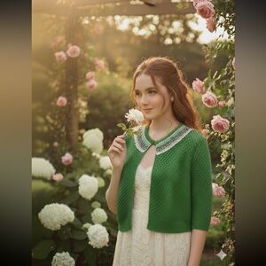 Hale Bob Kelly Green Bamboo Knit Sweater with Sequins, Beading and Stone detail